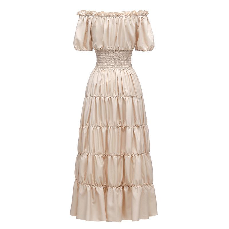 Elegant Medieval Renaissance Dress Boho Short Sleeves Off Shoulder Smocked Waist Retro Pleated Long Dress Costume Gown