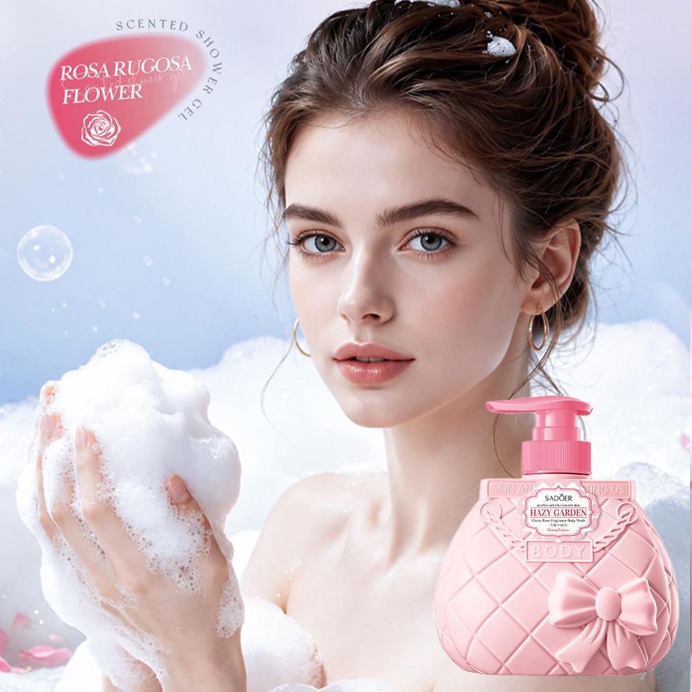 SADOER Ebony Rose Fragrance Body Wash 600ml, Cute Pink Purse Bottle Moisturizing Shower Gel with Niacinamide & Citric Acid for Long-Lasting Scent