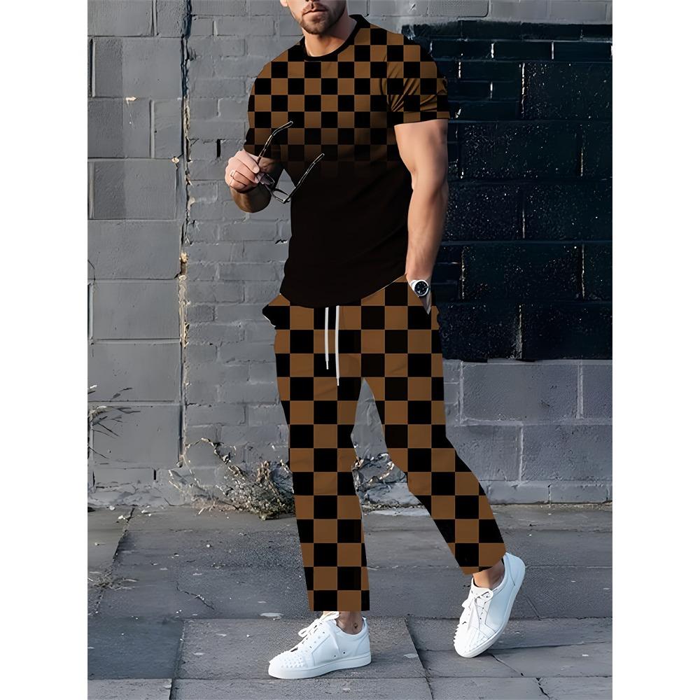 New Summer Men's Sports Suit Men's Round Neck Splicing Printed Short-sleeved T-shirt Loose Pants Two-piece Set Streetwear