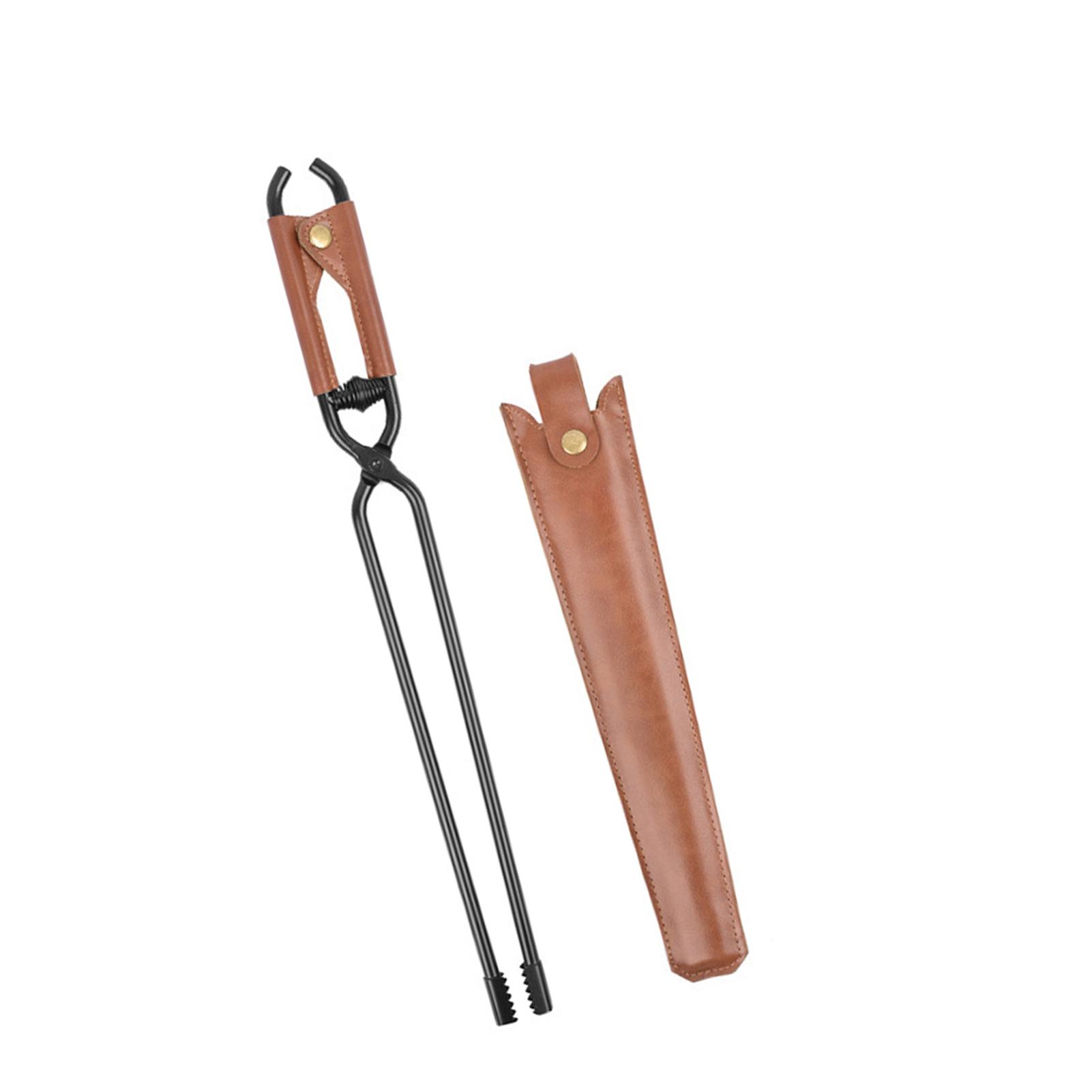 Shoemst Black Carbon Steel Charcoal Tongs Outdoor Camping Bonfire Bbq Firewood Clip Tool Stoves Fire Charcoal Tongs Leather Handle