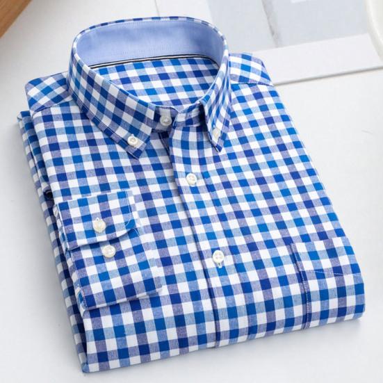 Casual Men Shirt Button Closure Single Breasted Pocket Design Long Sleeves Sweat Absorbent Cotton Blend Plaid Print Men Spring Shirt Men Garment