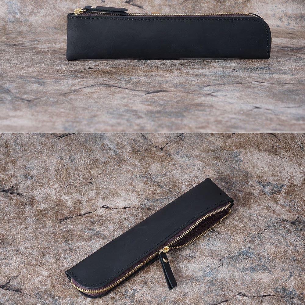 Zipper Pen Protective Bag Handmade Pen Sleeve Pouch Retro Leather Pen Bag Stationery School
