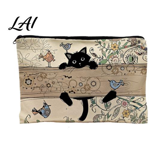 Cosmetic Storage Bag Cat Printed Bag with Smooth Zipper Thickened Polyester Anti-fouling Pouch Makeup Multipurpose Pencil Case Travel Toiletry A
