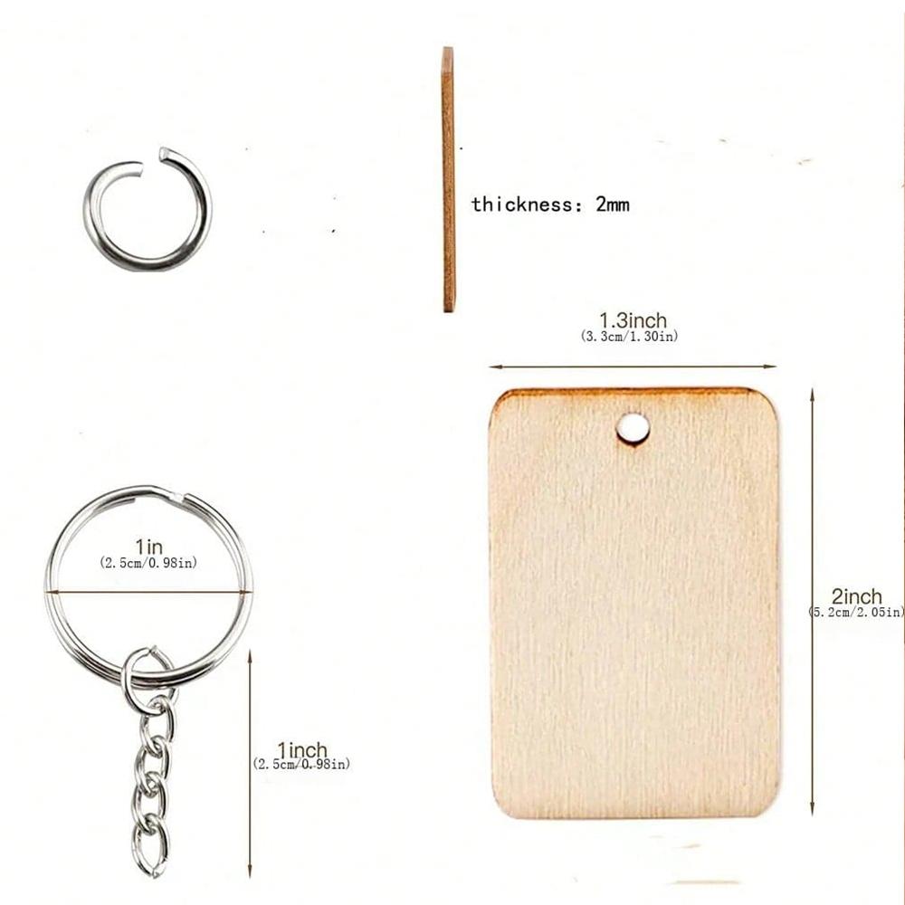 60pcs Blank Wooden Key Chains Rectangle Wood Key Chain Tags to Paint Personalized Key Rings for Engraving DIY Tags Key Craft