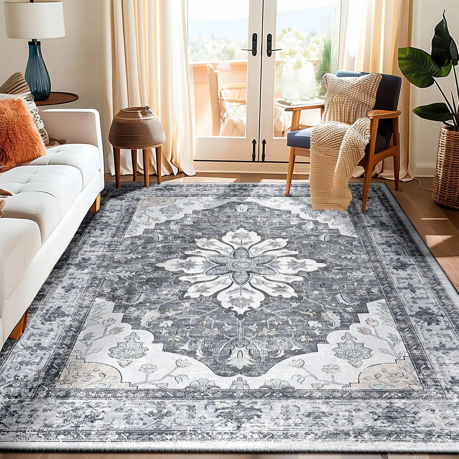 

VIKAMA Boho Luxury Floral Loop-Pile Carpet - Chic Bohemian Area Rug for Living Room & Bedroom, Durable Non-Slip Mat Home Decor 80x160cm 32x63inch