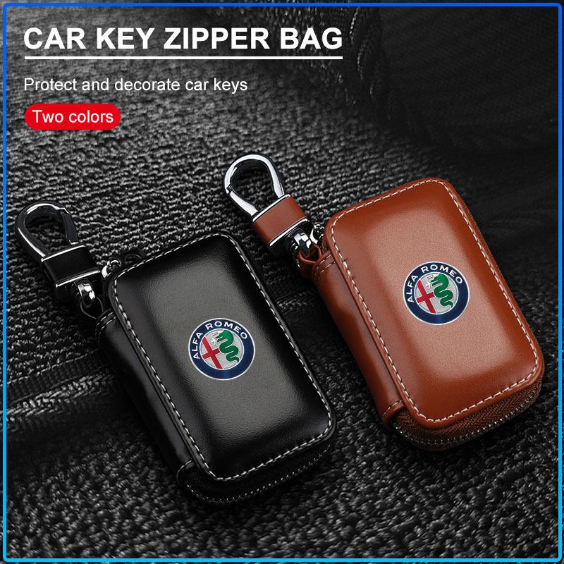 For Alfa Romeo 159 147 156 166 Giulietta Giulia Mito Stelvio Brera Spider 1Pcs Leather Emblem Car Key Case Keychain Zipper Key Case Bag