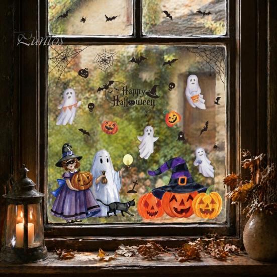 Halloween Static Window Clings 2Pcs Watercolor Clings, Ghost Witch Pumpkin Black Cat Bat Decals, No-Glue Wall Stickers Removable Glass Stickers,
