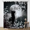Czarny Kot Księżyc Zasłona Prysznicowa Mistyczna Noc Kwiat Wiśni Kwiatowy Gotycki Nowoczesny Estetyczny Tkanina Wodoodporny Poliester