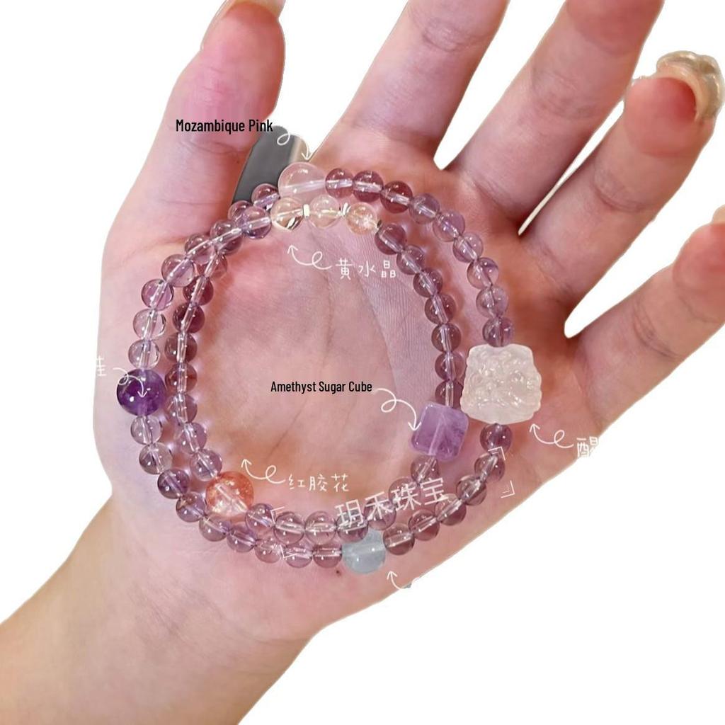 Natural Bolivian Amethyst Double-Strand Multi-Gemstone Bracelet for Bestie or Girlfriend