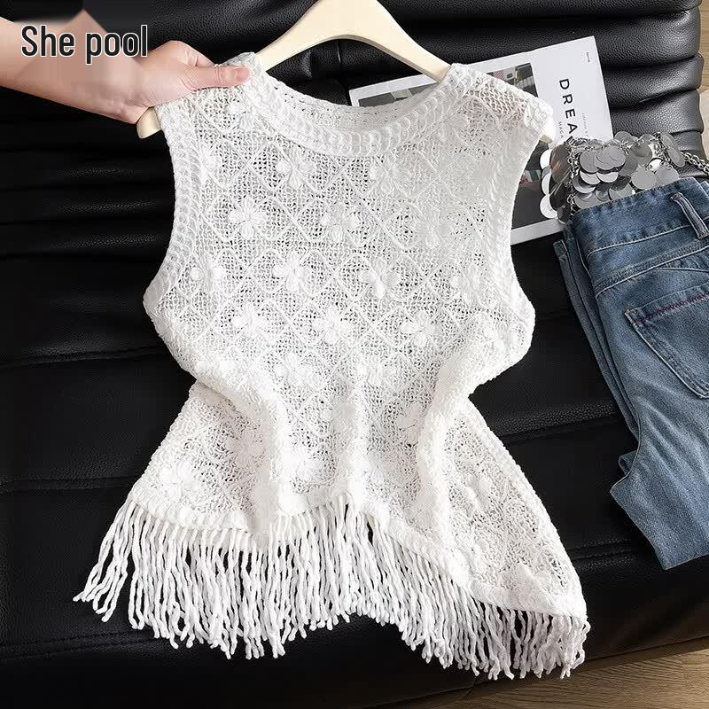 Elegant Crochet Hollow-Out Tassel Sleeveless Top One Size
