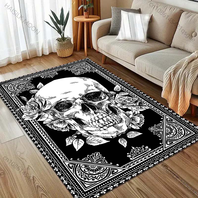 Black and White Skull Art Print Carpet for Living Room Bedroom Bedside Sofa Table Floor Mat Home Area Rug Decor Large Size