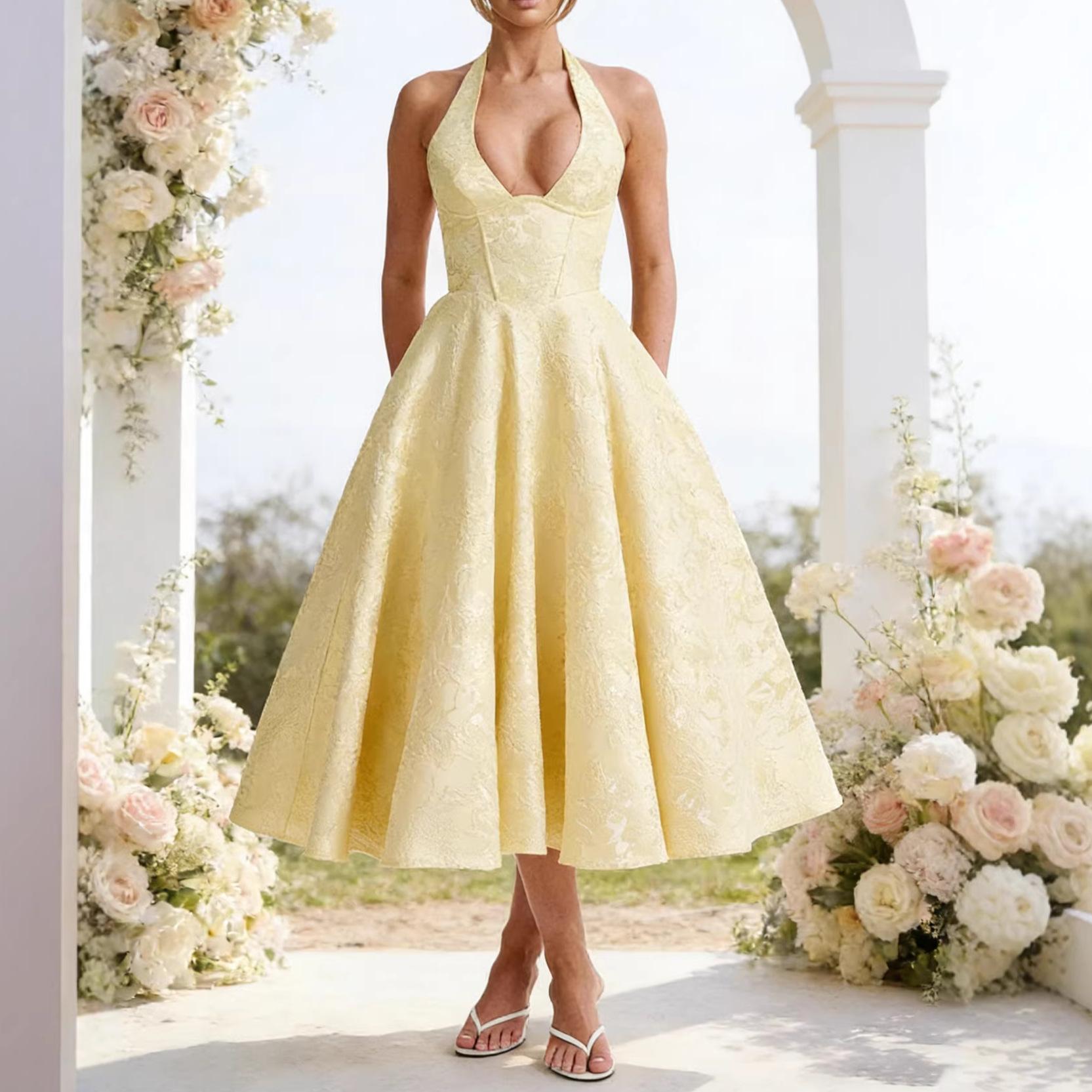 

Sales of European French style holiday jacquard waist holiday fashion dress YK dress XL жовтий