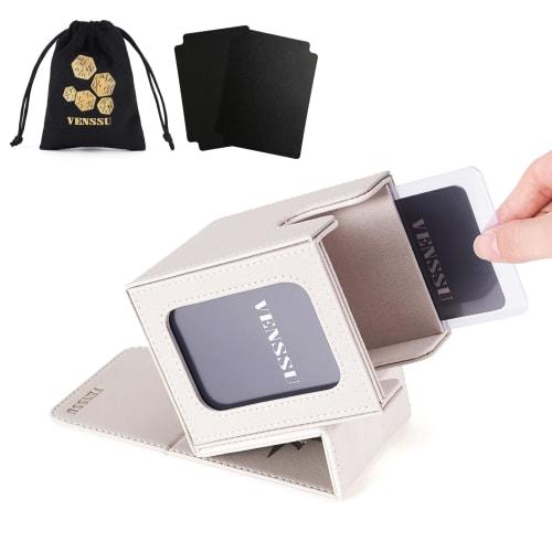 Beige Leather Deck Case with Display Window, Holds 100 Cards, Double/Triple Sleeves, Dice Pouch, Two Dividers, and One Top Loader (Beige Interior)