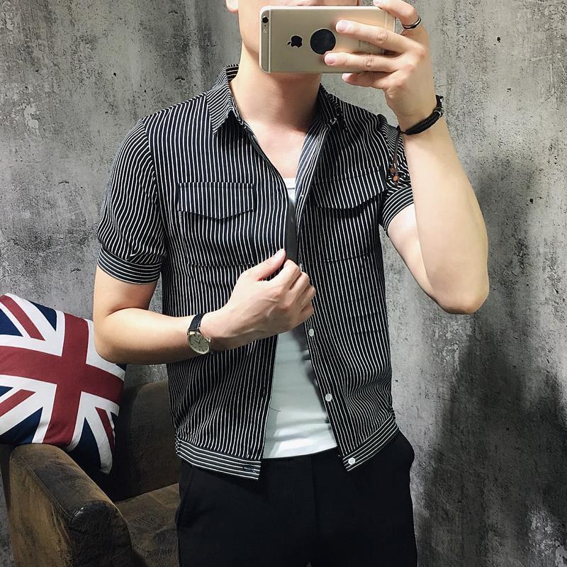Summer Fashion Versatile Casual Slim Fit Korean Edition Polo Collar Stripe Single Breasted Panel Pocket Short Sleeve Shirt