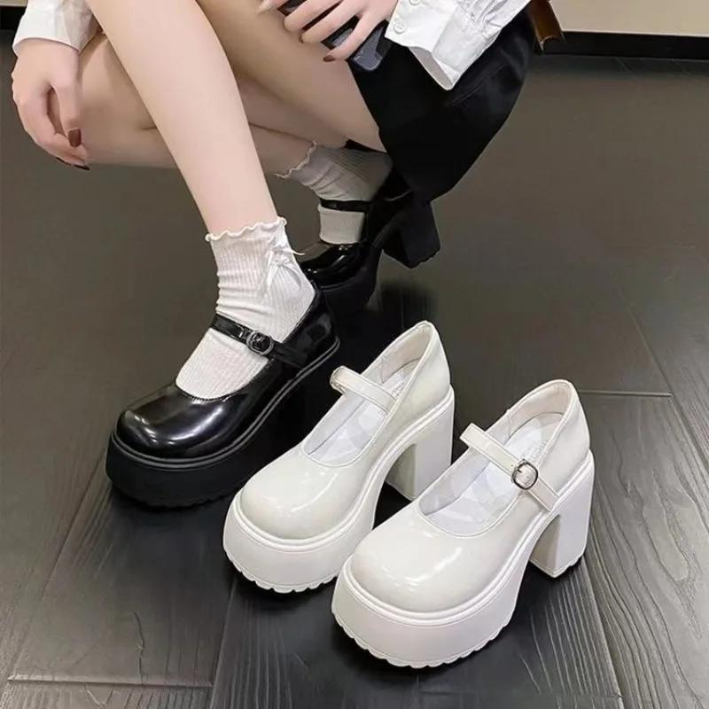 Autumn High Heels Mary Janes Shoes  Leather Heeled Shoes Woman Platform Ankle Strap Pumps for Women