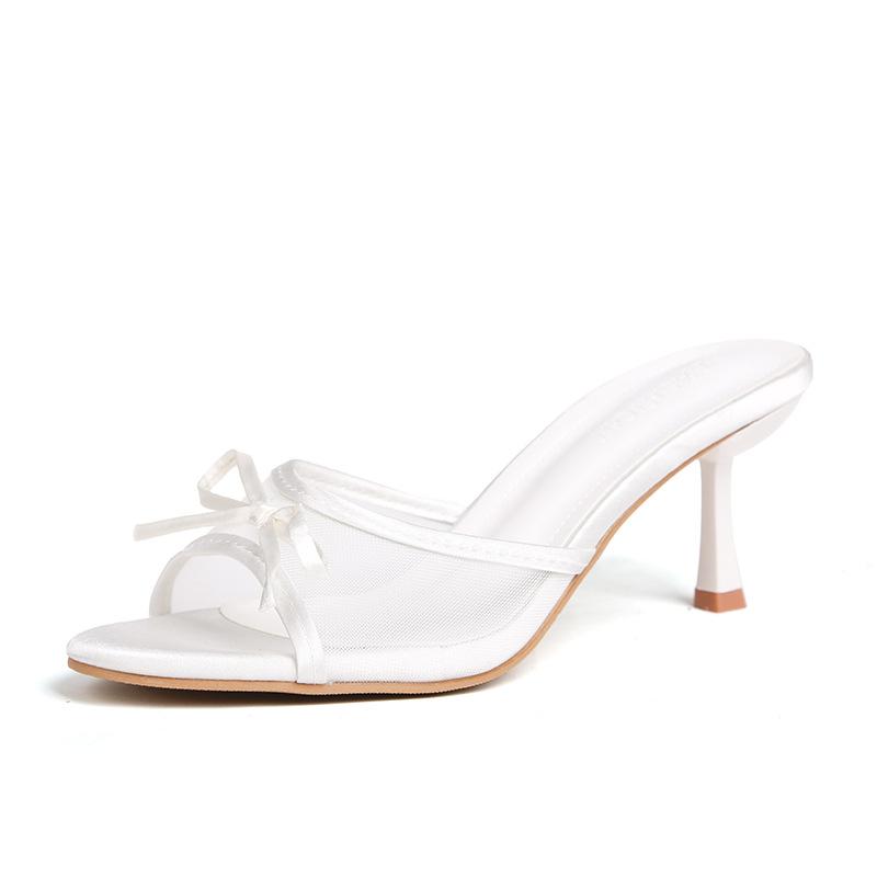 Fashion Hot-sell Women's High Heels Slippers Luxury Slim Heel Sandals Fashion Bow Decorated High Heels Slippers Breathable Mesh Slippers