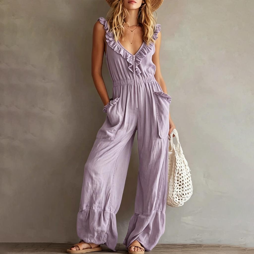Women's Sleeveless V Neck Jumpsuit with Zipper Front Pockets Ruffle Details Wide Leg Casual Vintage Style Romper