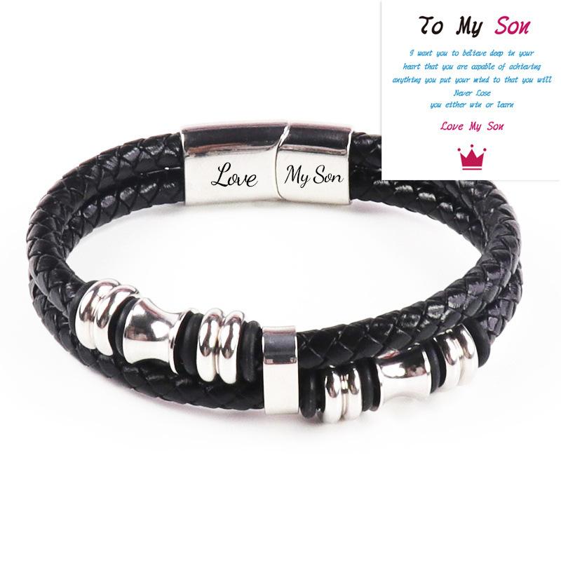 Leather rope bracelet cowhide men's double-layer stainless steel leather woven bracelet handmade multi-layer bracelet
