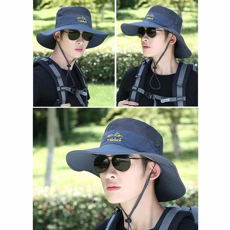 Summer Men Camping Big Brim Sun Protection Fisherman Hat Outdoor Riding Mountaineering Fish Hat Hiking Breathable Hat