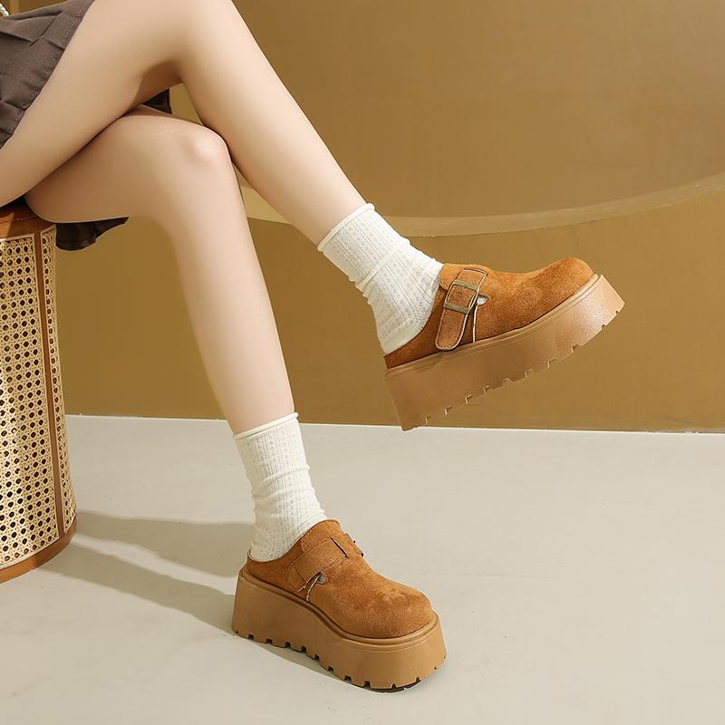 CRLAYDK Women's Platform Heel Mules Casual Buckle Shoes Closed Toe Backless Slip On Walking Increase Height Wedge Slippers