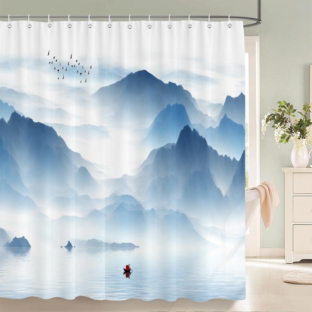 Chinese Ink Painting Landscape Bath Curtain Waterproof Shower Curtains Marble Pattern Bath Screen Printed Curtain For Bathroom