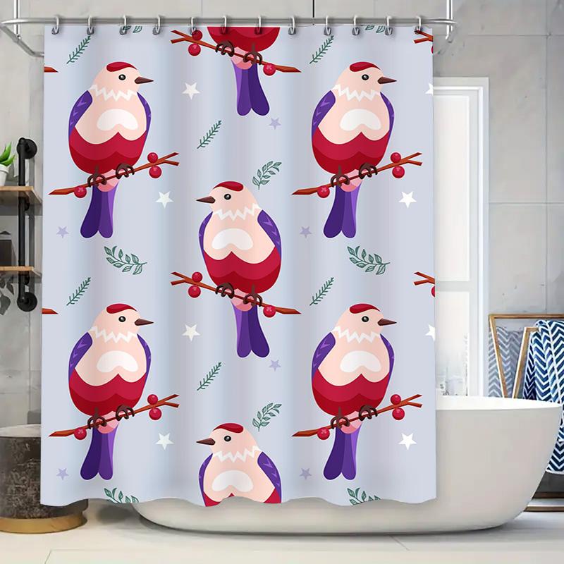Christmas-Themed Shower Curtain Featuring Colorful Birds With Red Berries, Suitable For Bathroom Decor During Festive Seasons 3D