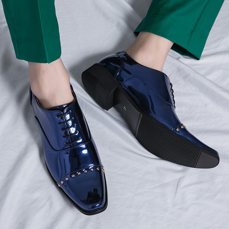 Korean Version Gold Blue Banquet Dance Wedding Shoes Italian Style High Heel Party Men Shoe Genuine Leather Lace Up Oxford Shoes