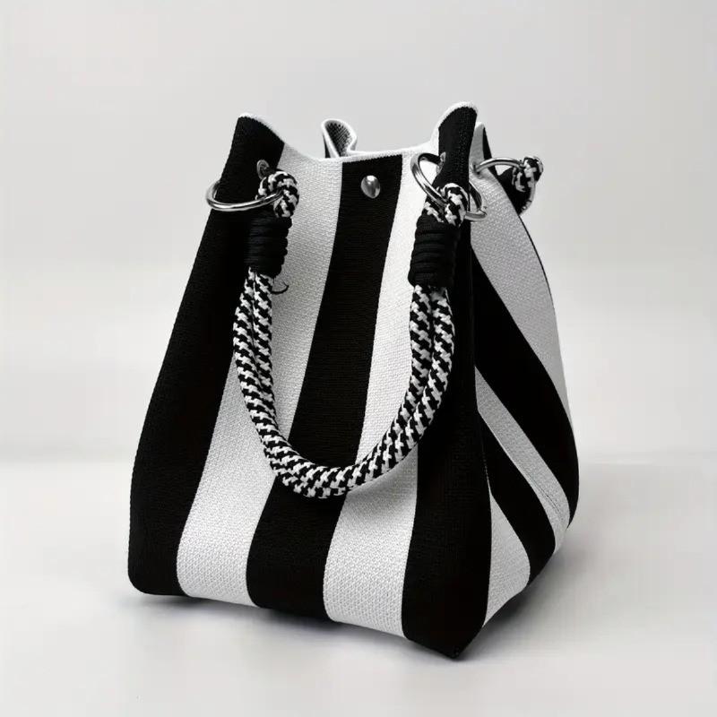 Women's Korean Style Striped Woven Bucket Bag Fashion Fortune Handbag Knitted Tote Shoulder Bag for Vacation Beach Outings