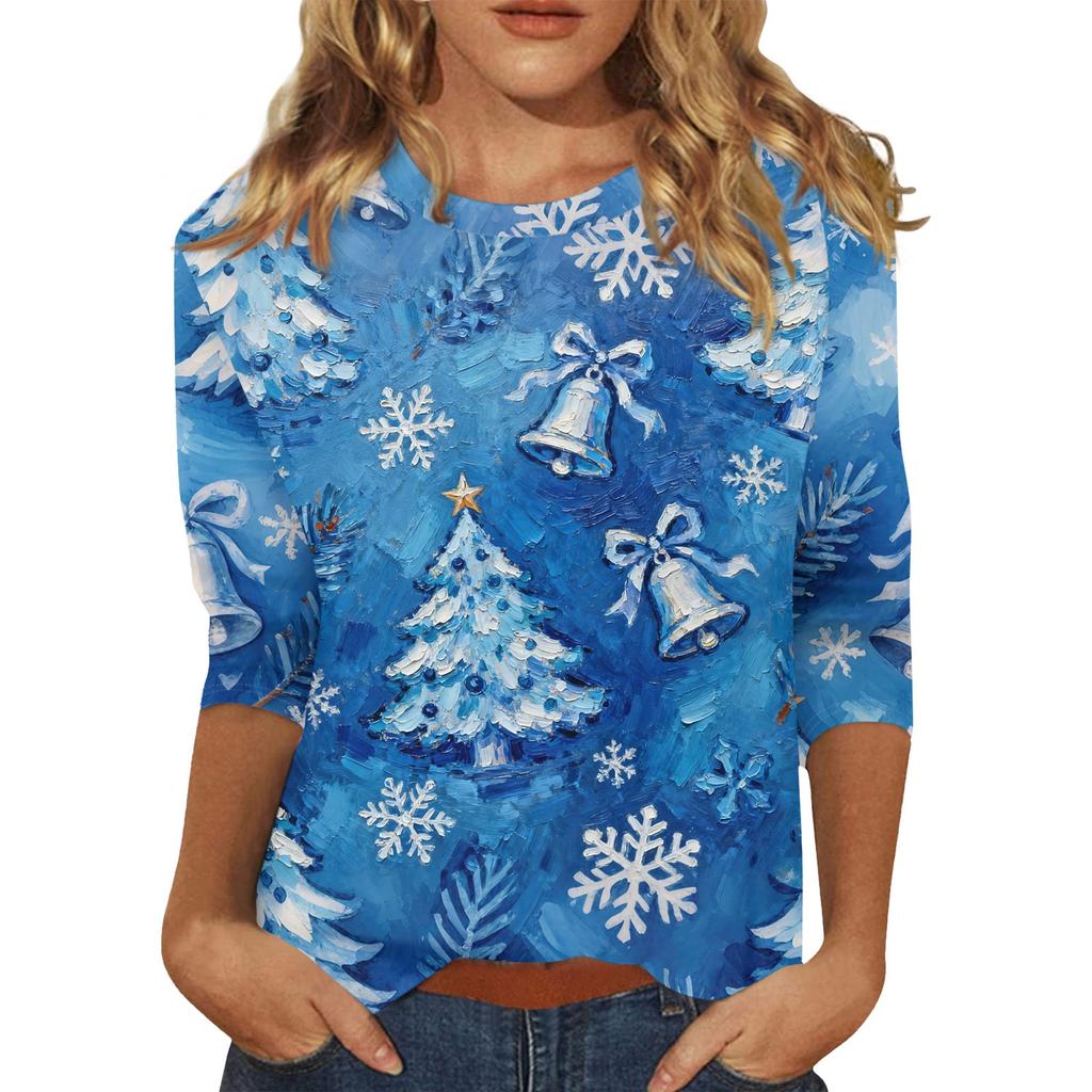 3/4 Sleeve Shirts For Women Print Christmas Tees Blouses Casual Plus Size Basic Tops Pullover