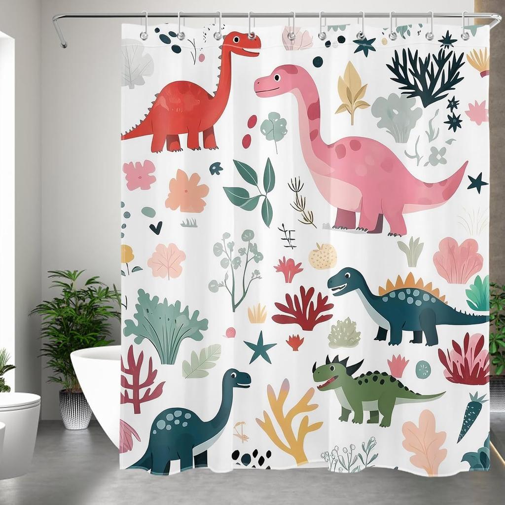 Cute Funny Dinosaur Shower Curtain for Kids Bathroom, Cartoon Dino Floral Plant Pattern White Polyester Fabric Animal Bathroom