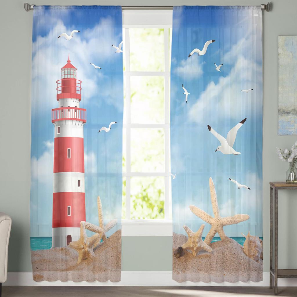 Sea Beach Lighthouse Starfish Seagull Sheer Window Curtains For Living Room Bedroom Modern Tulle Curtains Fabric Drapes