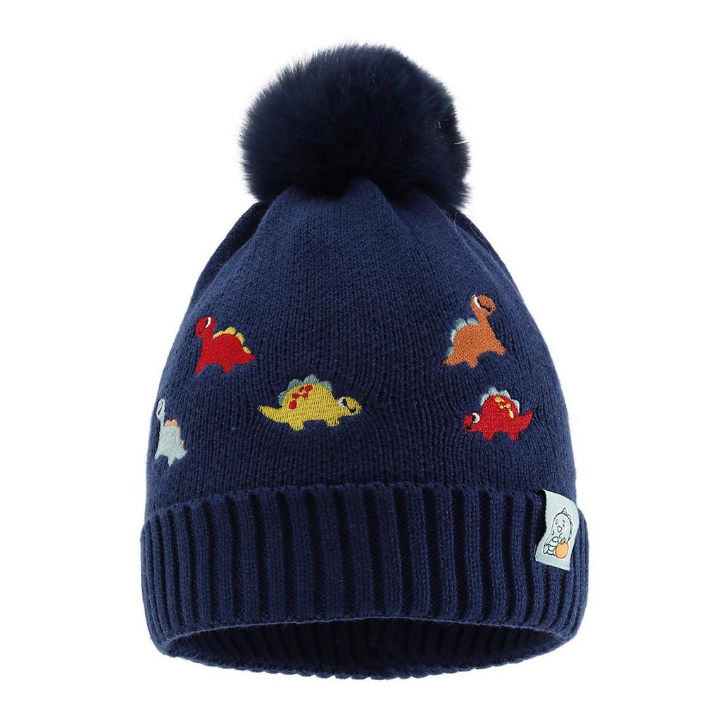Cute Embroidered Little Dinosaur Children's Warm Knit Pom-pom Hat