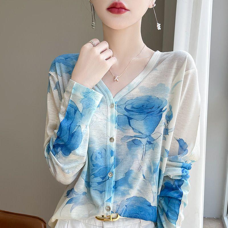 Cardigan subțire de damă Primăvară Vară Cardigan tricotat cu imprimeu mătase Jachetă Mânecă lungă Larg Top tricotat cu protecție solară