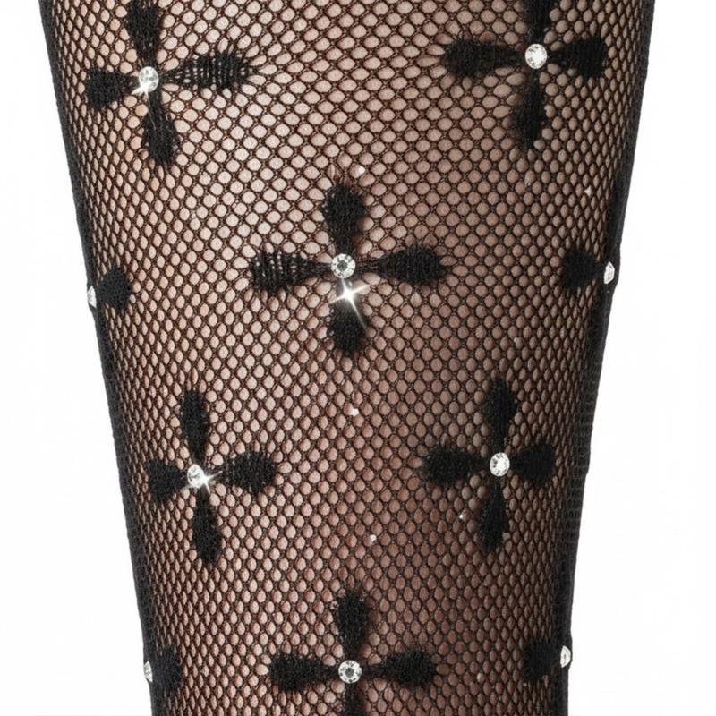 Breathable Nylon Fishnet Pantyhose For Women Four Leaf Pattern Rhinestones Accent High Waist Sheer Mesh Tights Stockings