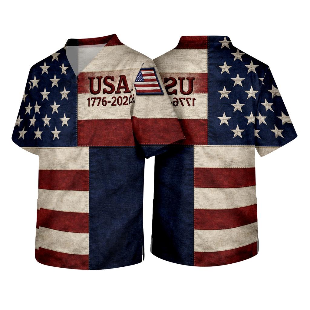 Men's V Neck Short Sleeve Medical Scrub Top with Chest Pocket Independence Day Print Casual Workwear for Healthcare Professionals