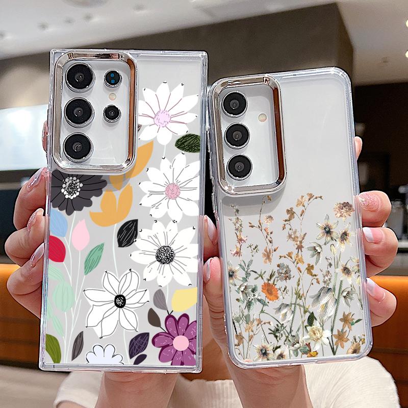 White Flower Pattern Case For Samsung S26 S25 Ultra S24 FE S23 Plus S22 S21 A15 A16 A17 A35 A36 A37 A54 A55 A56 A57 5G Plating Lens Soft Cover