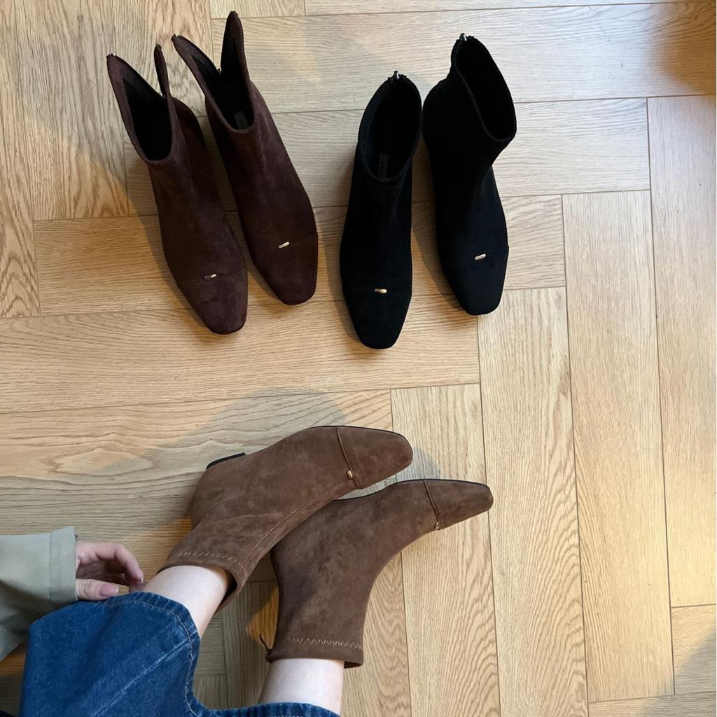 2025 New Round Head Inner Sloping Heel Suede Rear Zipper Low Tube Thin Martin Women's Short Boots