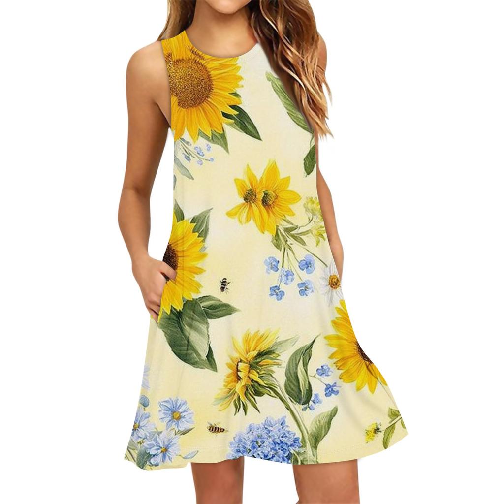 Damenmode Strandkleid Ärmelloses Rundhalskleid mit Blumendruck