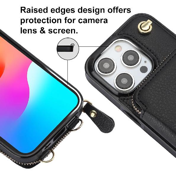 Bocasal Crossbody Wallet Case for iPhone 15 Pro, RFID Blocking Leather Purse Case with Card Holder, Protective Handbag Flip Cover with Zipper Wrist