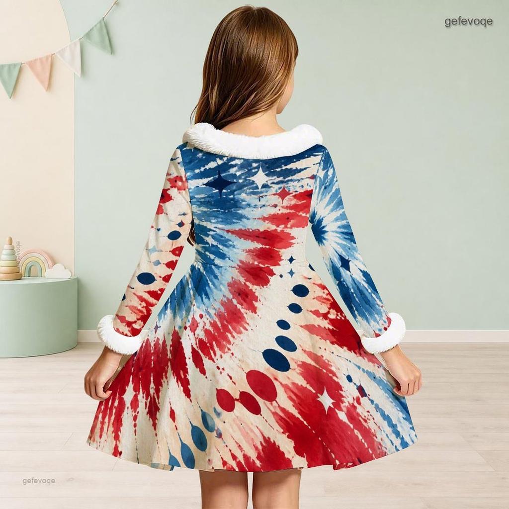 Girls Navy Blue Printed High Neck Long Sleeve A Line Flared Dress With White Fur Trim And Bow
