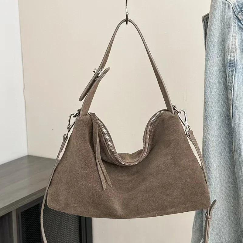 Women's Soft Matte Suede Leather Handbag Lady Cowhide Shoulder Crossbody Bag Simple Cow Leather Colleti Grey Brown Tote Bags
