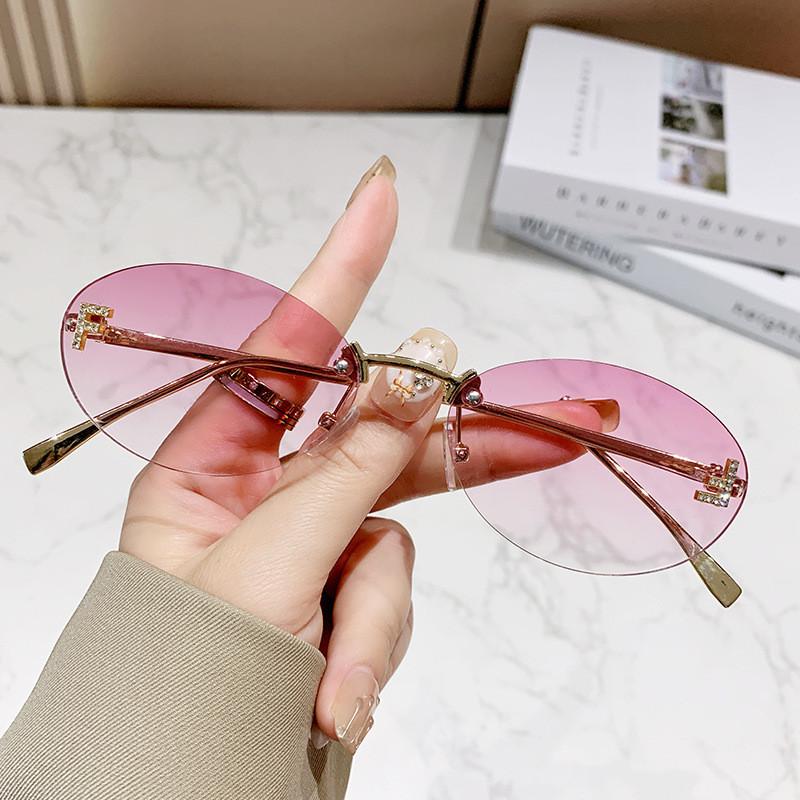 New Letter F Frameless Sunglasses With Rhinestone Elliptical Frame Uv400 For Fashion Outings