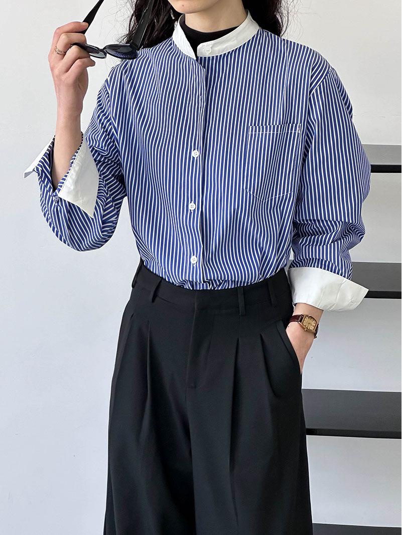 

Juzhi 2025 женская синяя полосатая свободная повседневная модная рубашка Medium