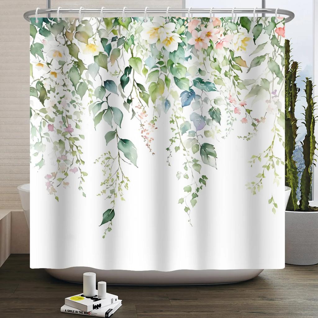 Watercolor Green Leaf Shower Curtain for Bathroom Vines Plant Nordic Minimalist Polyester Botanic Curtain for Home Hotel 180x2