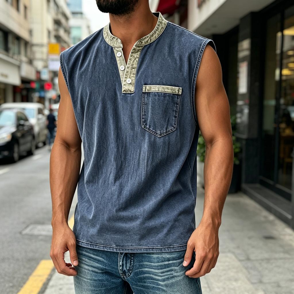 Men Sleeveless Casual Vest Three Button Henley Neck Pocket Front Cotton Linen Blend Summer Top