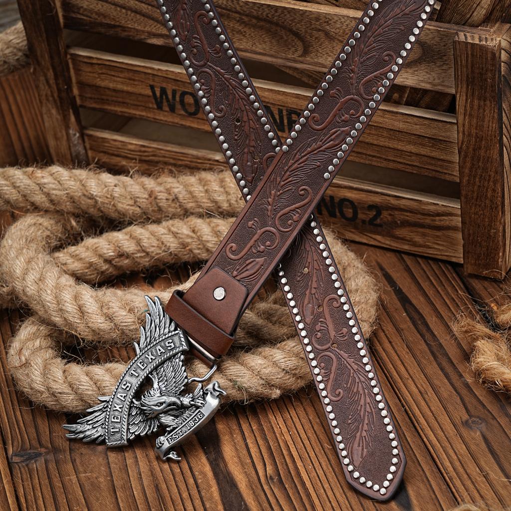 Men & Women-Western-Cowboy-PU Leather-Belts - Vintage horse Belt Floral Engraved Buckle Belt for Jeans