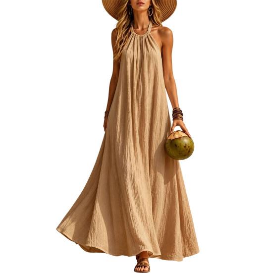 Women Halter Neck Maxi Linen Dress, Sleeveless A-Line Loose Casual Long Dress, Summer Flowy Vacation Beach Sundress S
