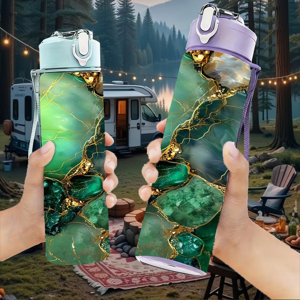 1PC Green Gemstone Gold Marble Pattern 750ml Color Plastic Sports Water Bottle Leakproof Flip Straw Lid Suitable for Sports Office Home Use