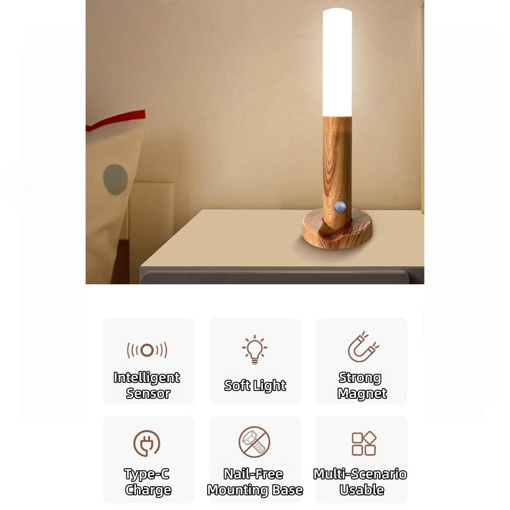 Rechargeable Sensor Wall Light, Magnetic & Wooden Finish, Intelligent Sensor Night Light for Corridor Cabinet Toilet
