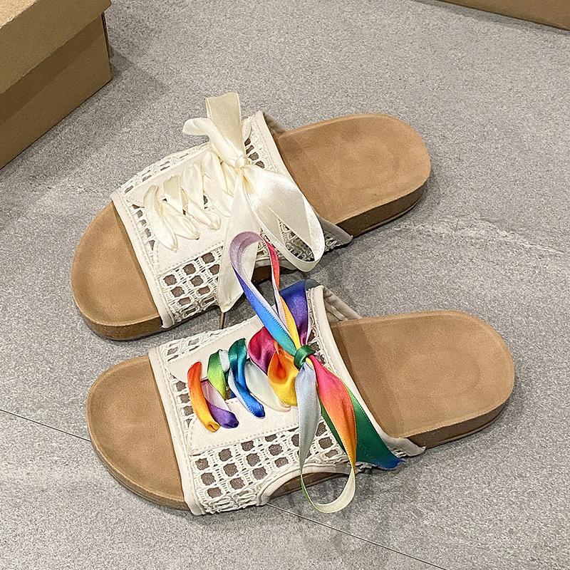 Women Slippers Summer New Fashion Colorful Lace-up Flat Bottom Sandals Woman Versatile Slip-On Flip Flops Casual Beach Shoes
